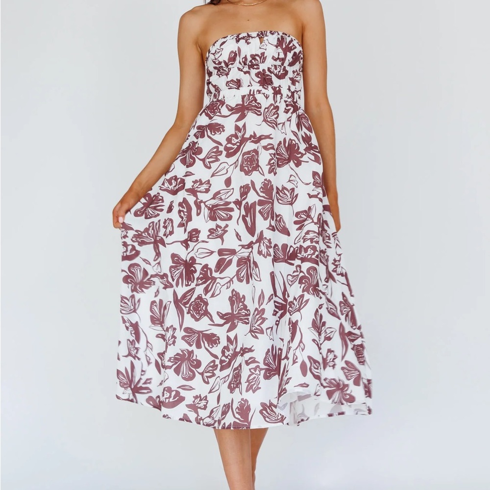 Floral Strapless Midi Dress in White and Brown